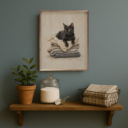 Black Cat On Folded Laundry
