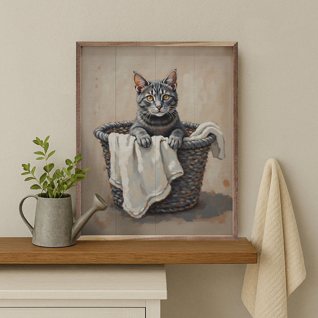 Gray Cat In Laundry Basket