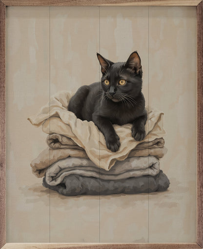 Black Cat On Folded Laundry