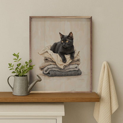 Black Cat On Folded Laundry