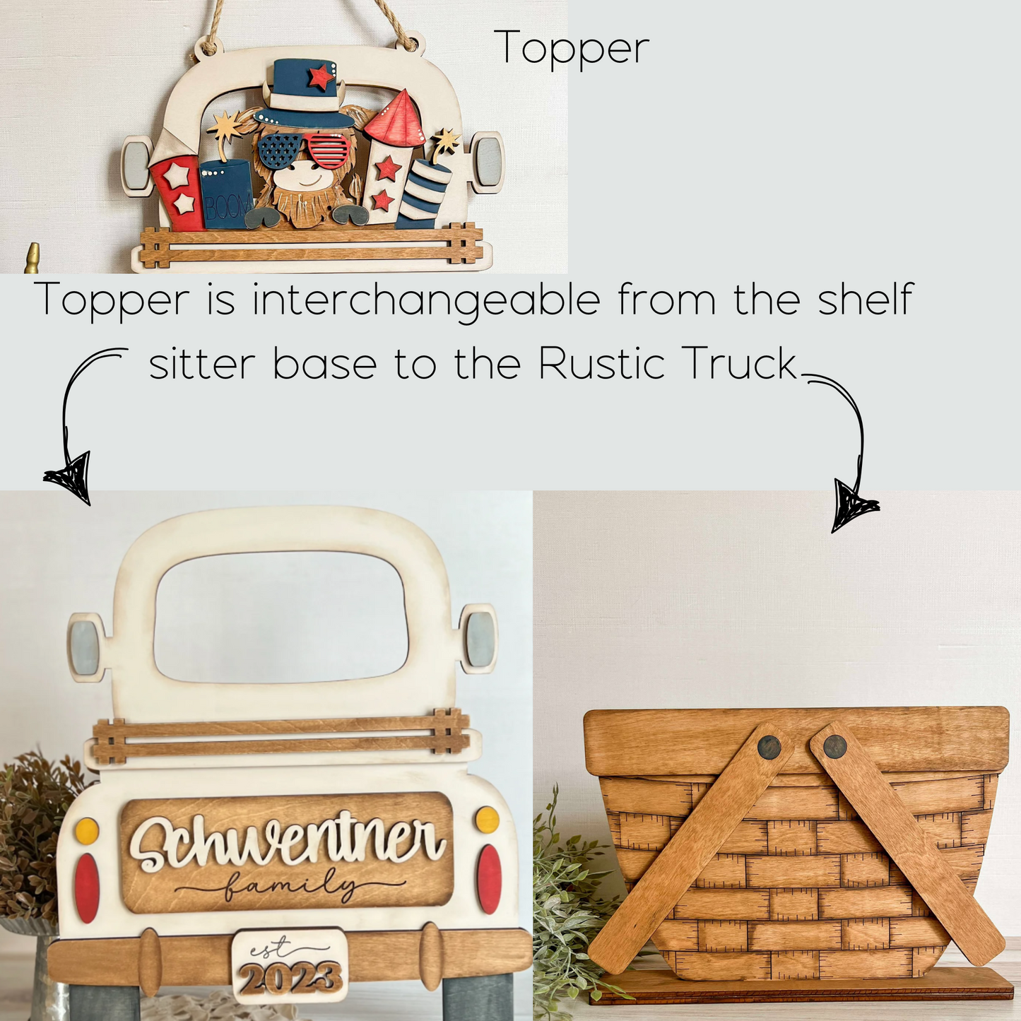 Patriotic Highland Cow TOPPER ONLY - ADD ON for Interchangeable Rustic Truck/Basket - FINISHED PRODUCT