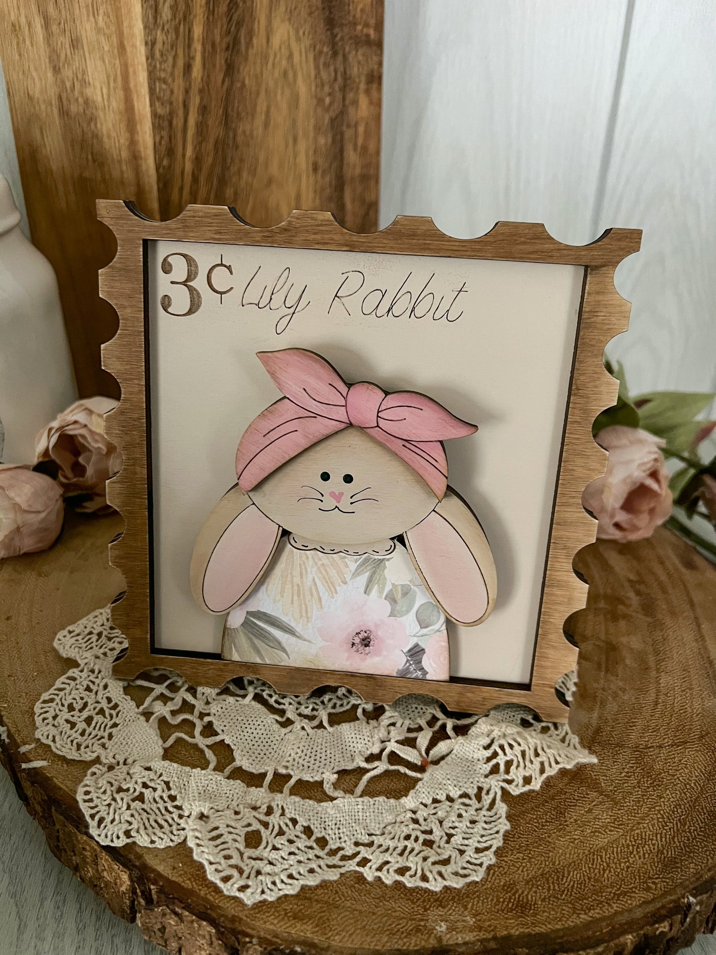 Lily Rabbit Postage Stamp Wood 3D Sign