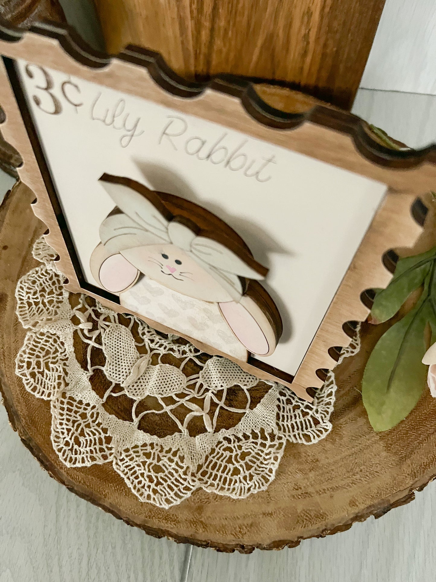 Lily Rabbit Postage Stamp Wood 3D Sign