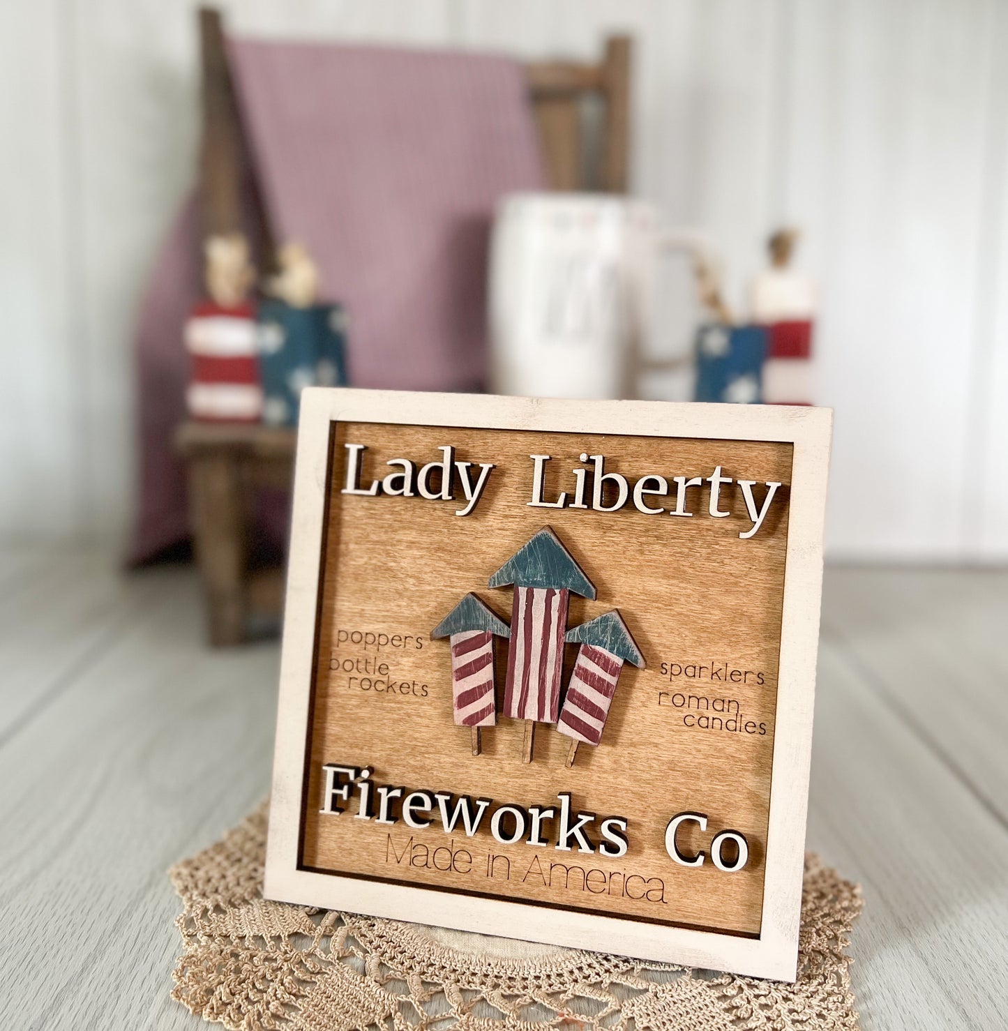 Lady Liberty Fireworks Co Wood 3D Sign