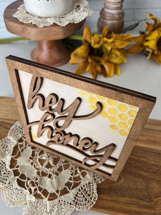 Hey Honey Bee Wood 3D Sign