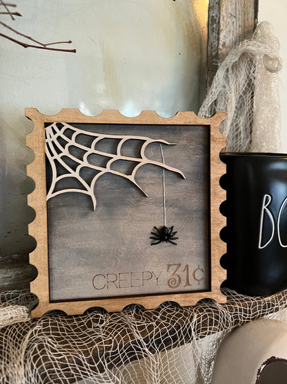 Creepy Halloween 3D wood postage stamp sign