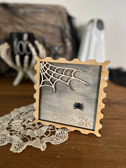 Creepy Halloween 3D wood postage stamp sign