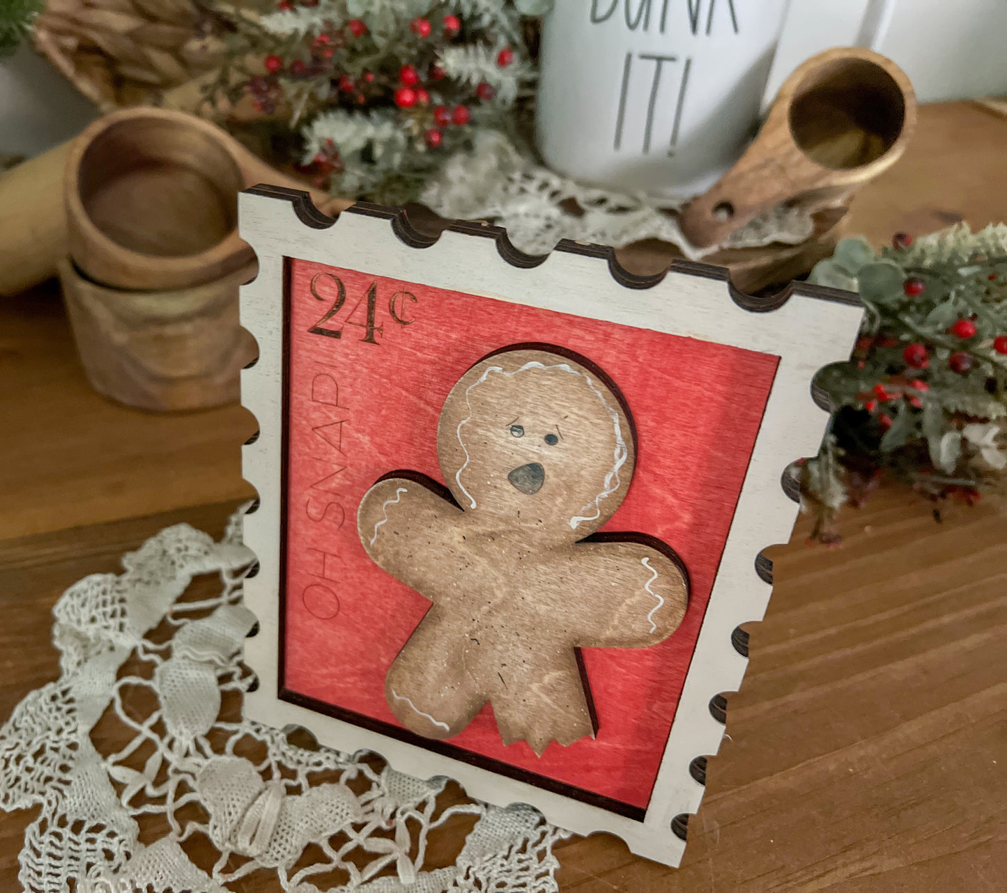 OH SNAP! Christmas Gingerbread 3D postage stamp wood sign