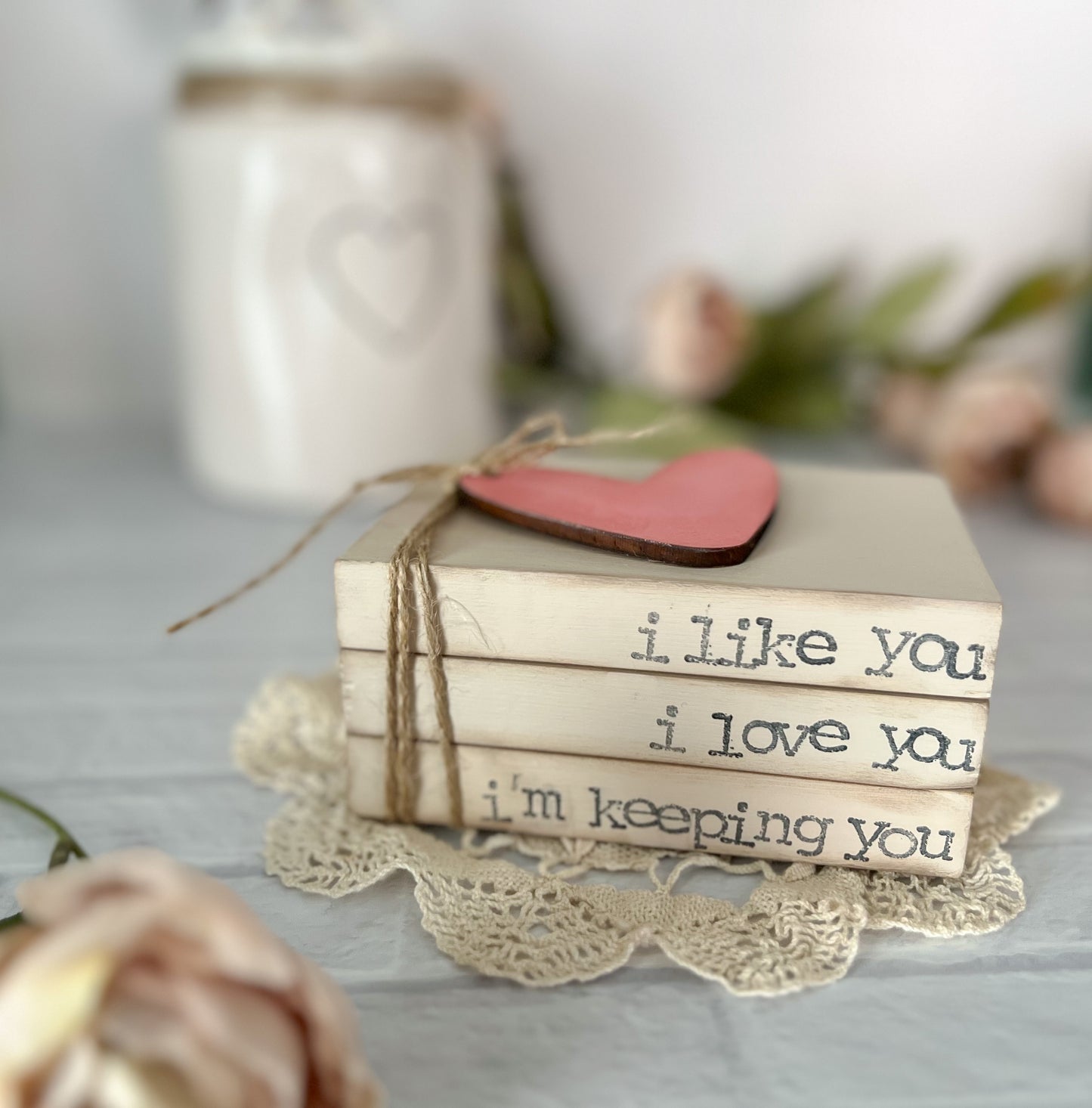 Valentine’s Day heart wooden book stack