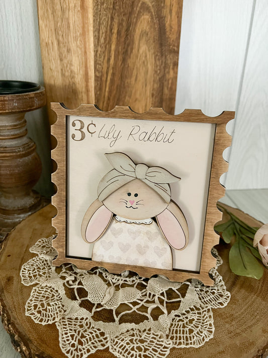 Lily Rabbit Postage Stamp Wood 3D Sign