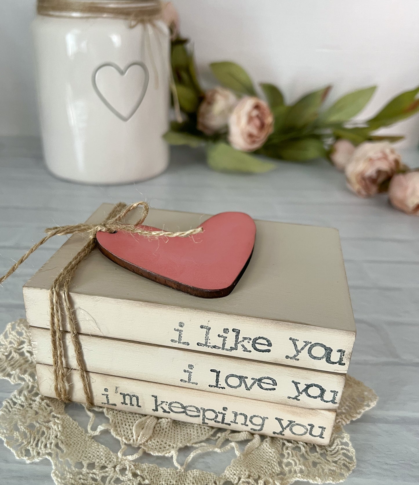 Valentine’s Day heart wooden book stack