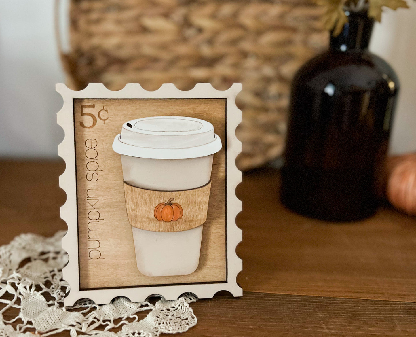 Pumpkin Spice Coffee 3D postage stamp wood sign