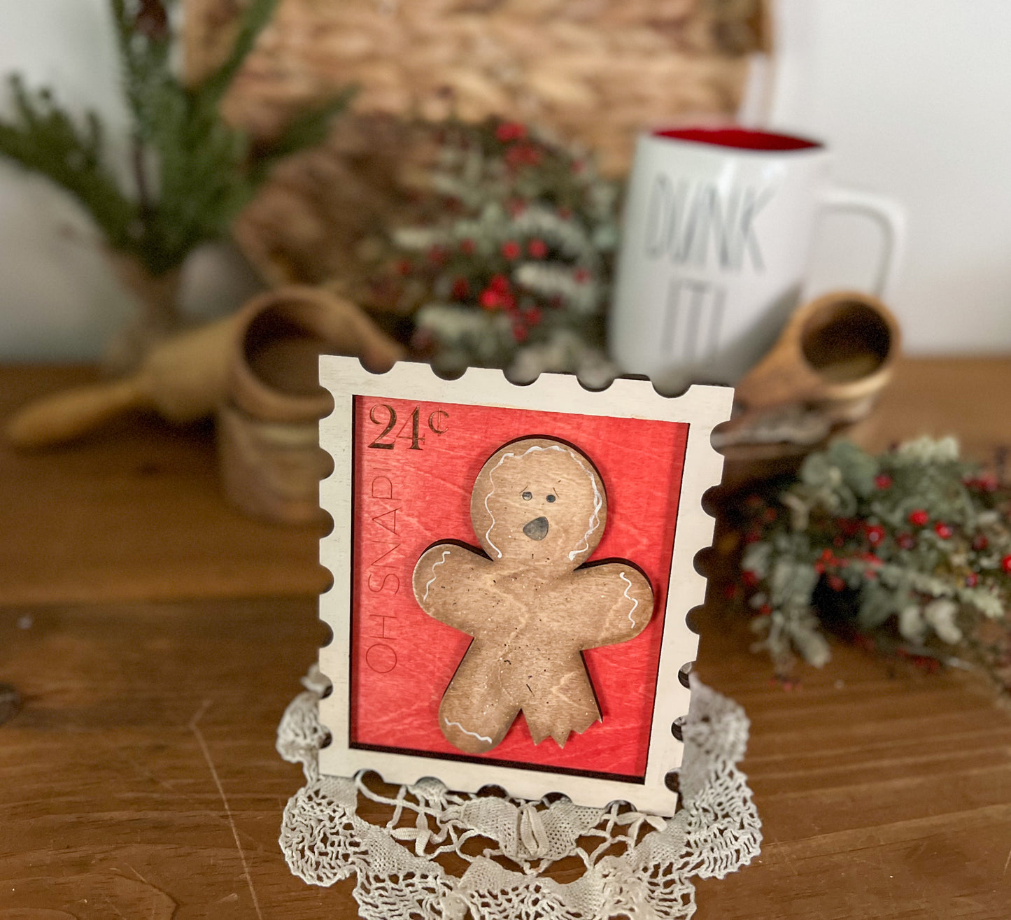 OH SNAP! Christmas Gingerbread 3D postage stamp wood sign