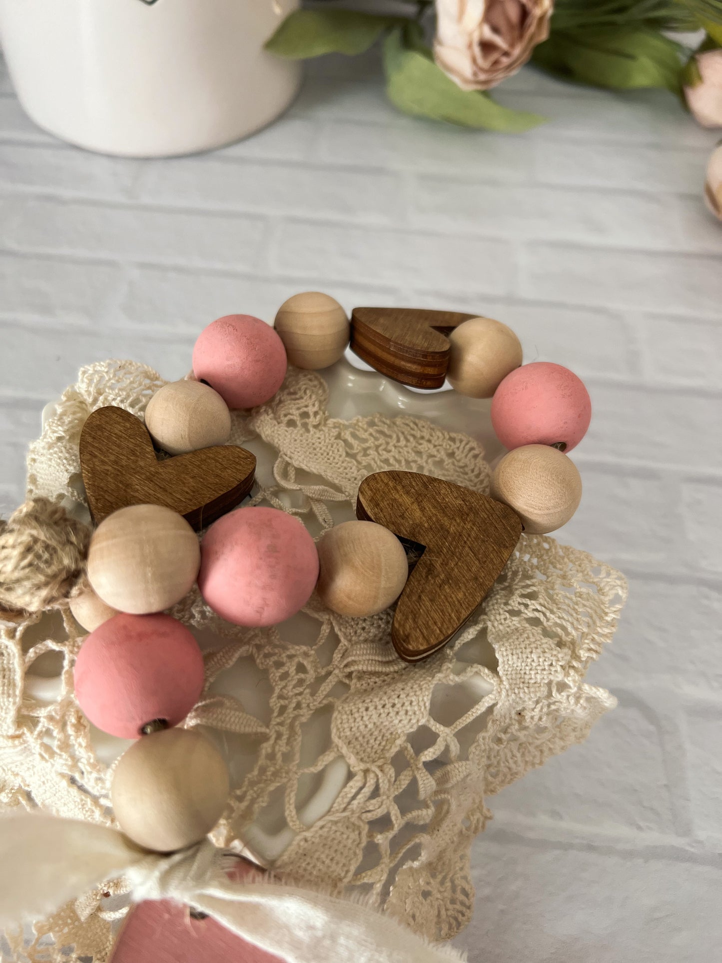 Valentine’s Day heart wood bead garland