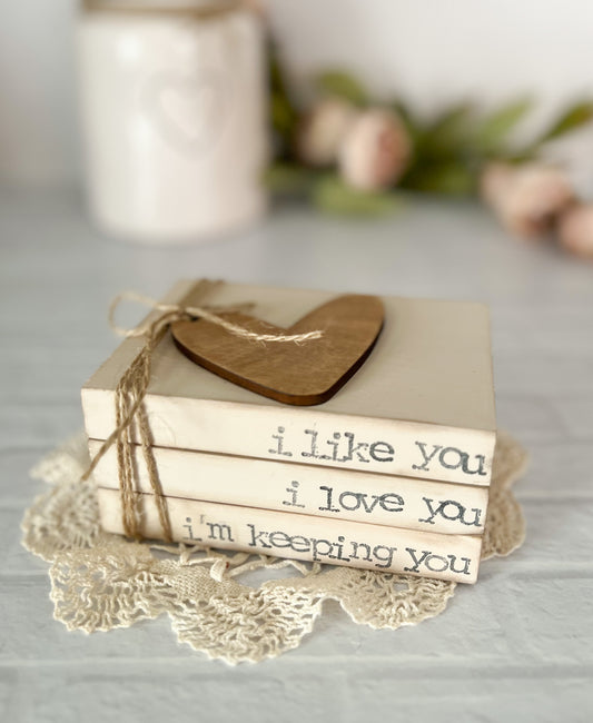 Valentine’s Day heart wooden book stack