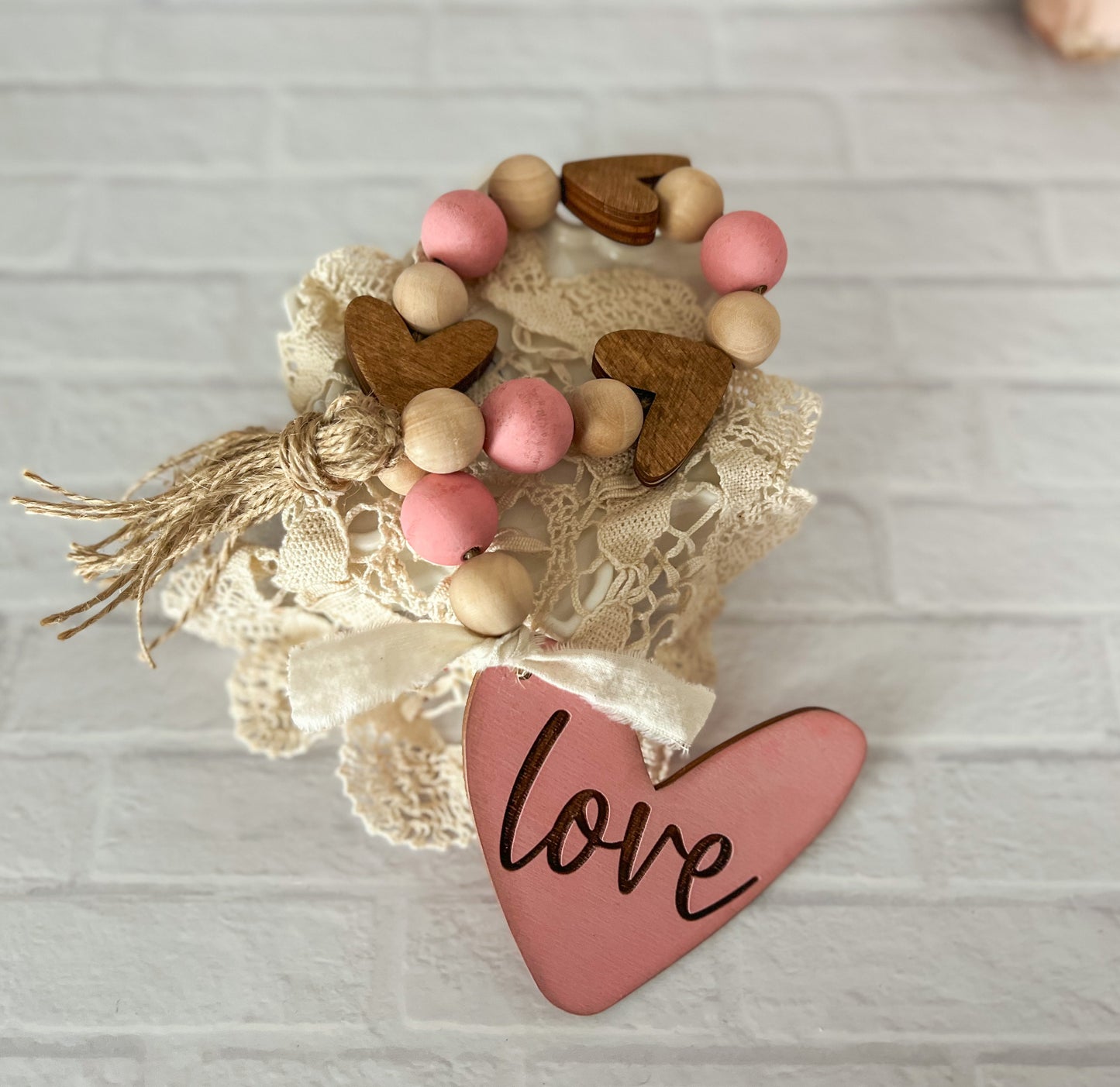 Valentine’s Day heart wood bead garland